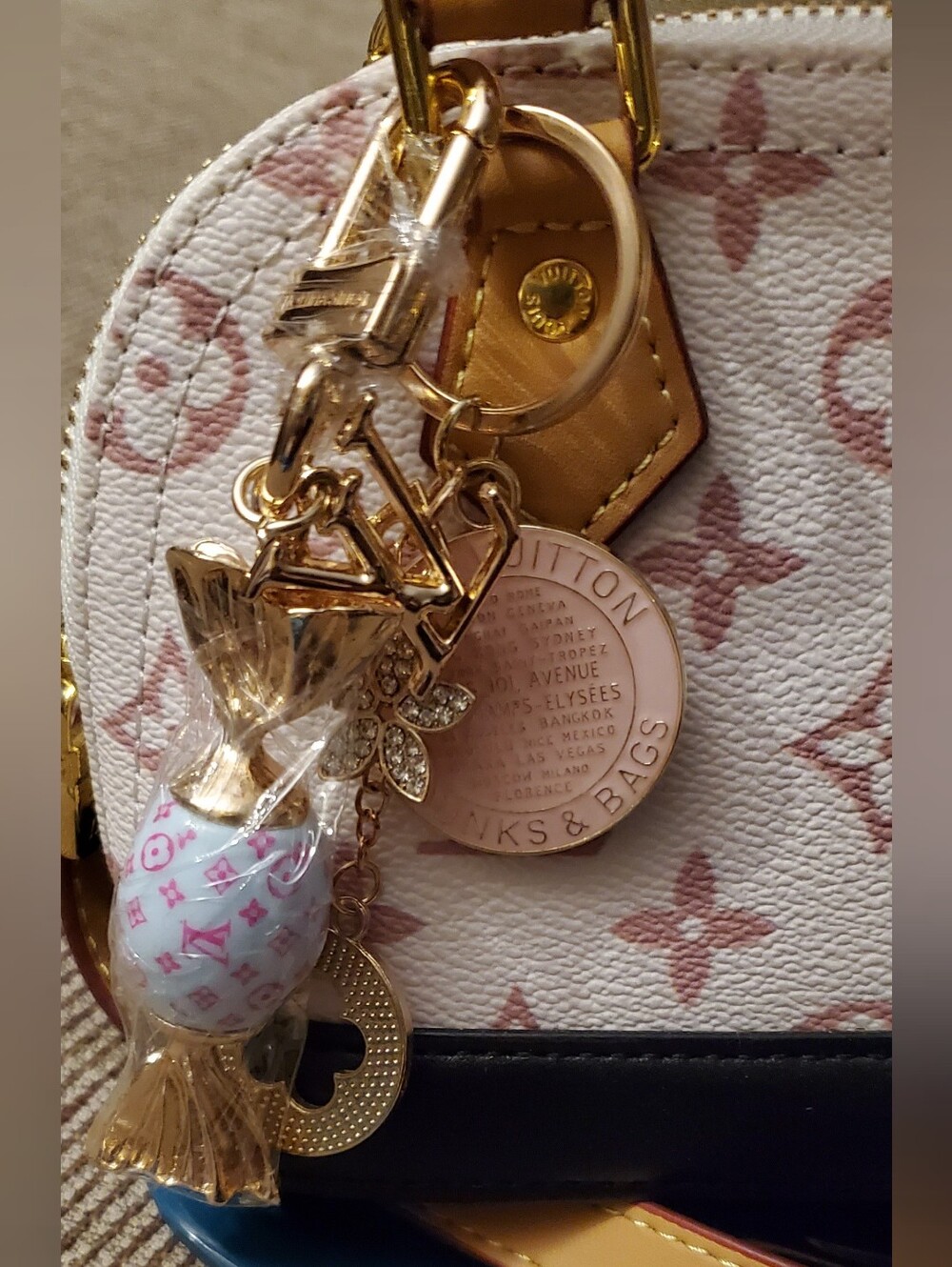 Pink and Blue Monogram Baag Charm Keychain with Gold Hardware